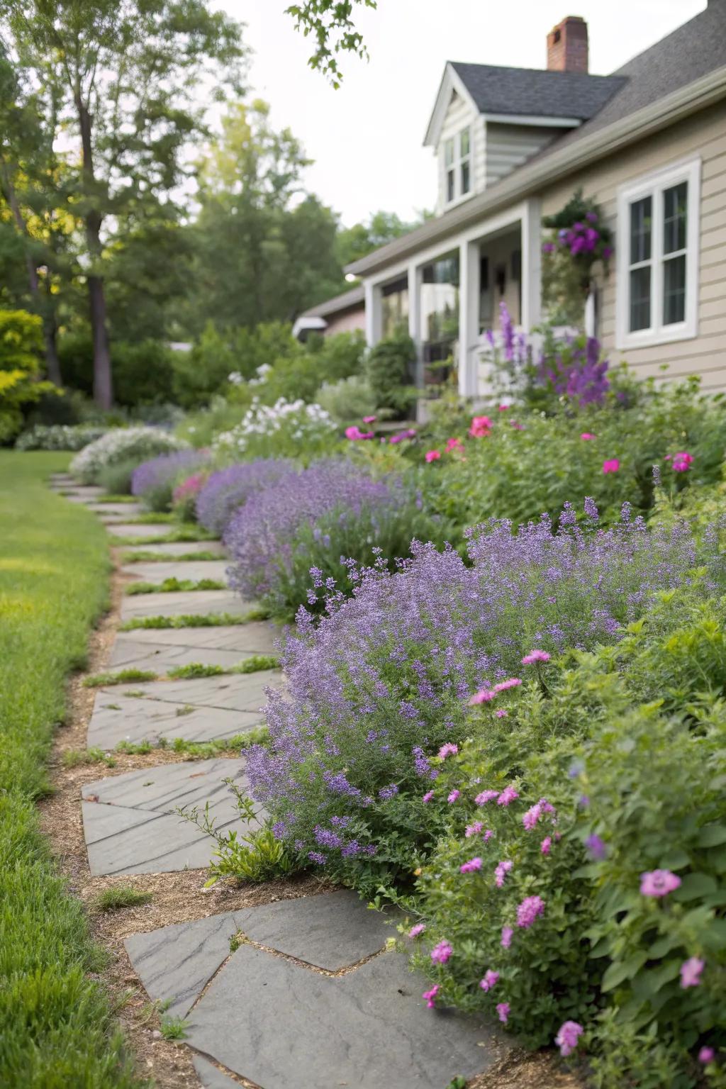Catmint-lined pathway enhancing curb appeal.
