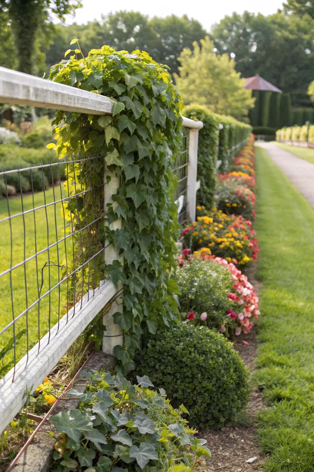 A cattle panel fence embraced by nature for a serene garden vibe.