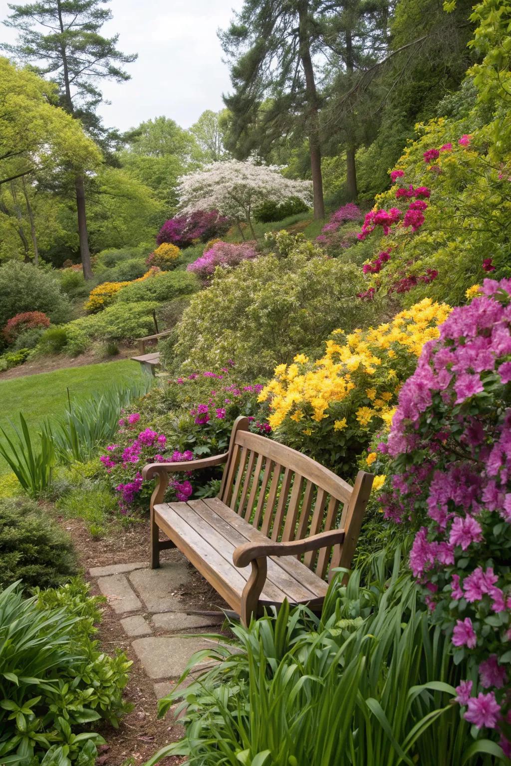 A cedar bench harmoniously blends into a blooming garden.
