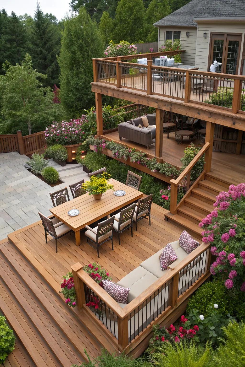 A multi-level cedar deck offering distinct spaces for various activities.