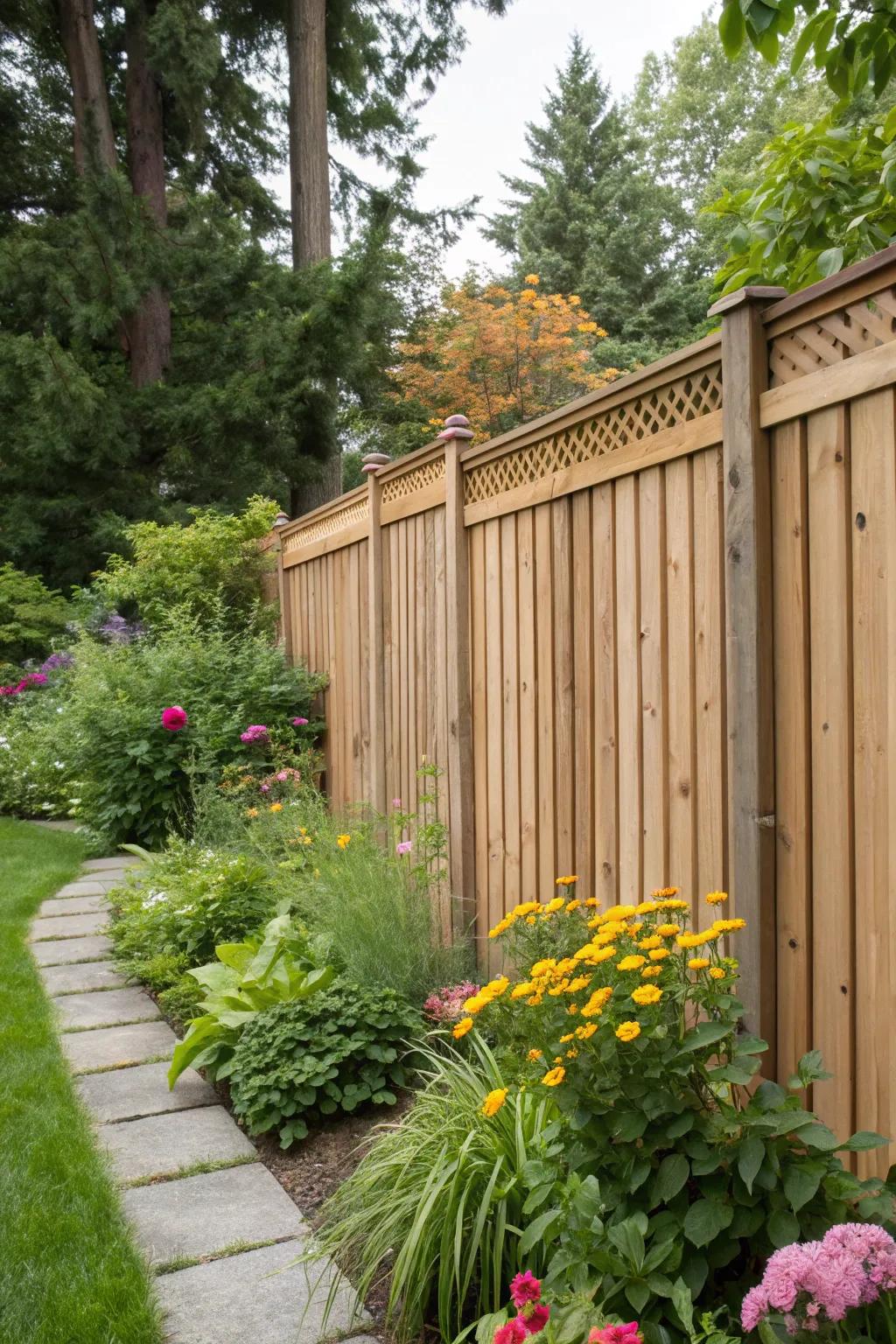 Vertical slatted cedar fence adds elegance and privacy.