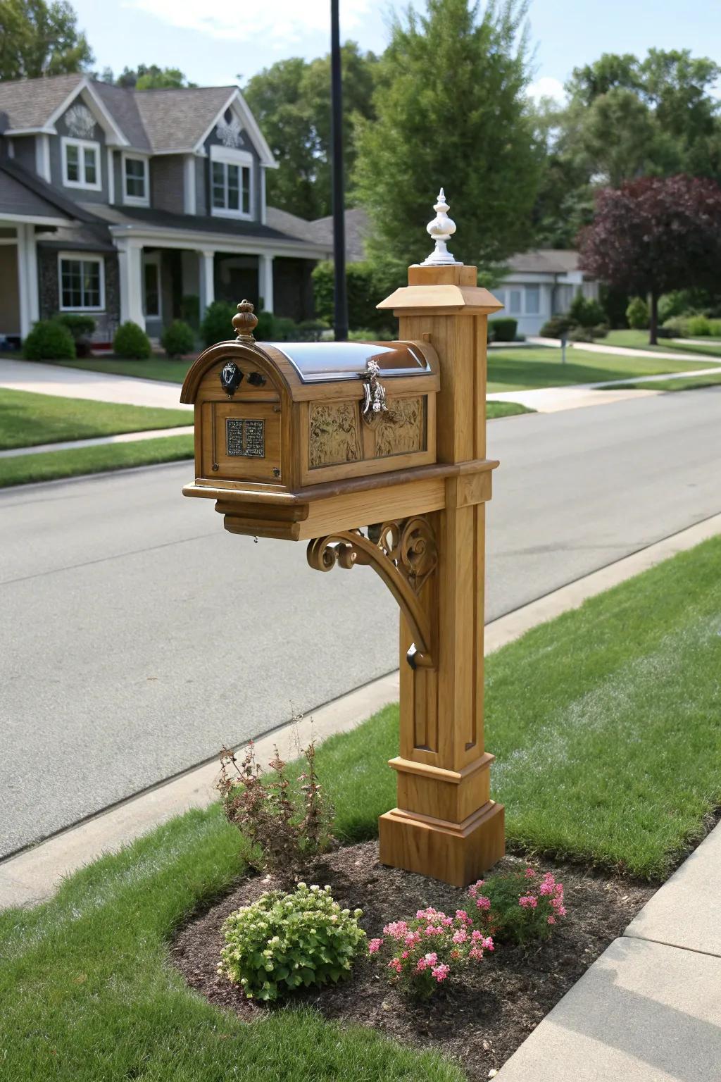 A classic post-and-arm cedar mailbox that never goes out of style.
