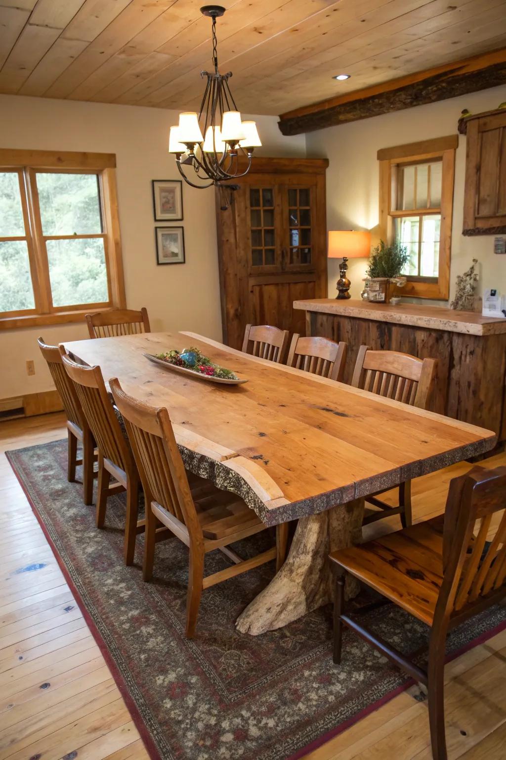 A dining room with a statement live edge cedar table.