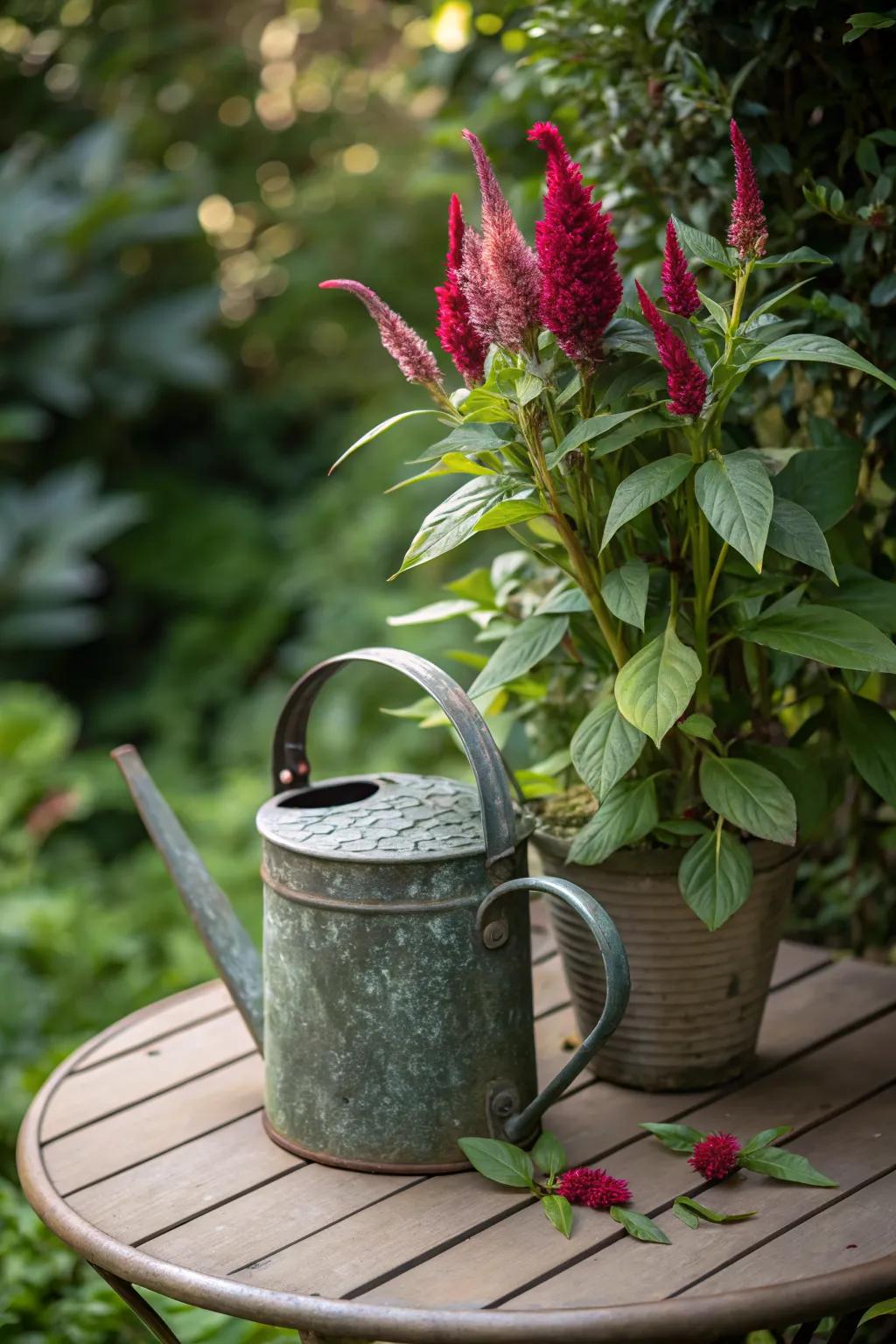 A vintage watering can serves as a charming container for celosia.