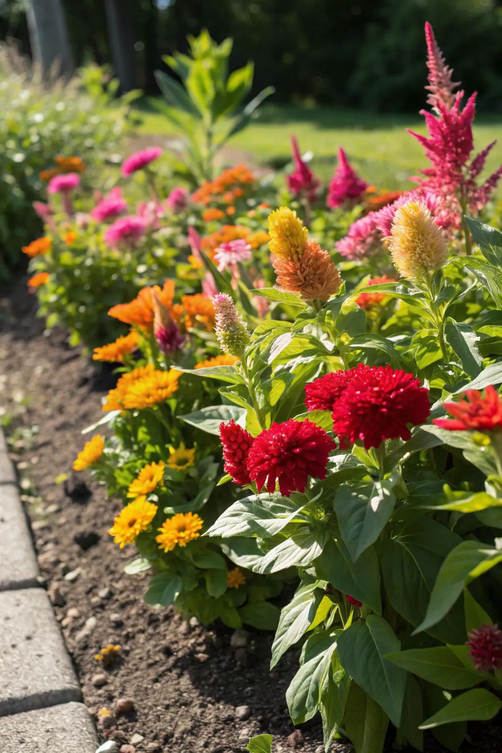 Celosia and zinnias create a stunning garden duo.