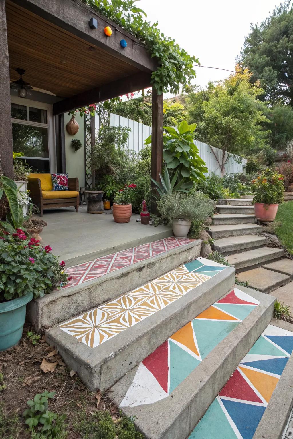 Geometric patterns on a cement porch add a splash of personality and style.