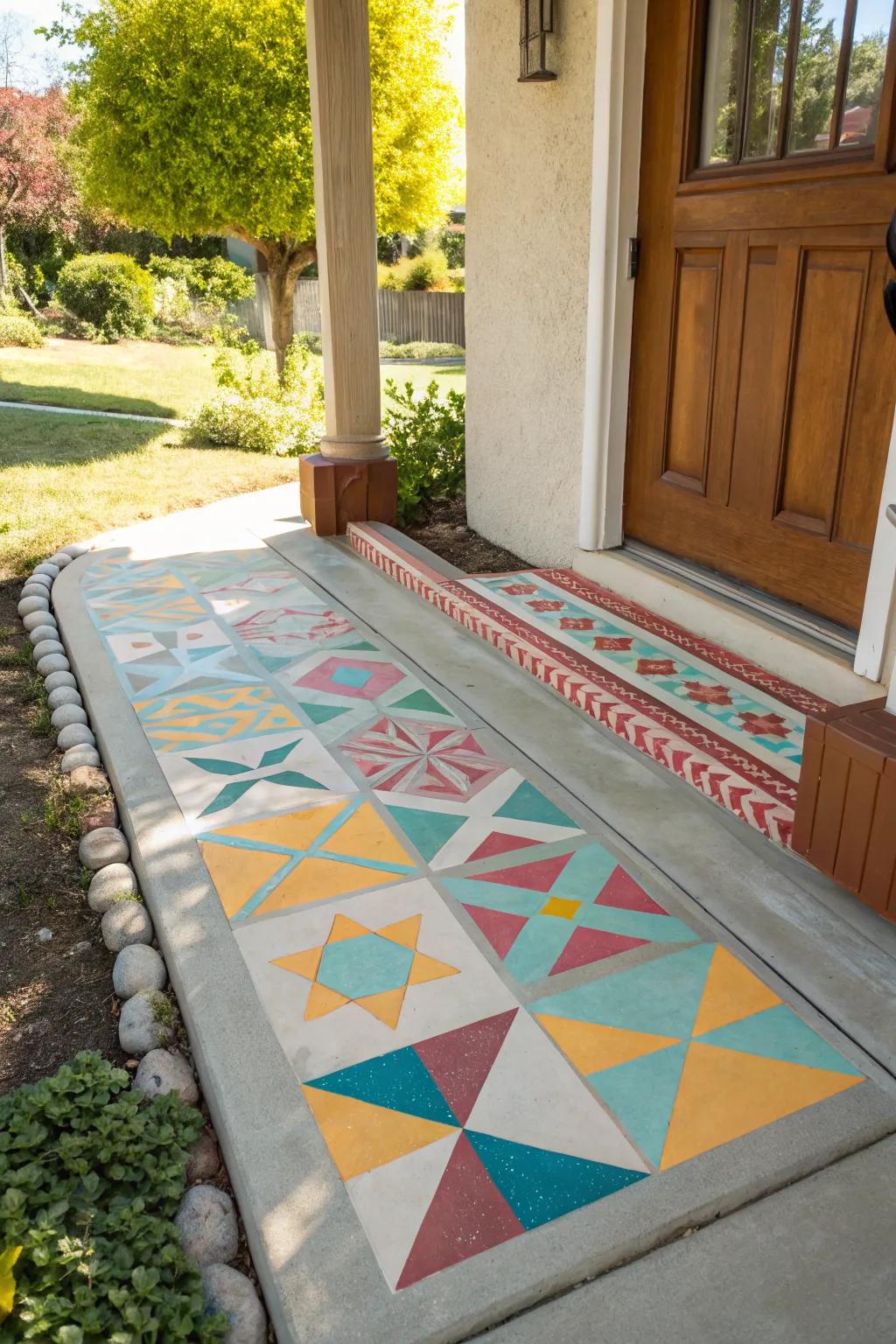 A cement porch with eye-catching geometric stencils.