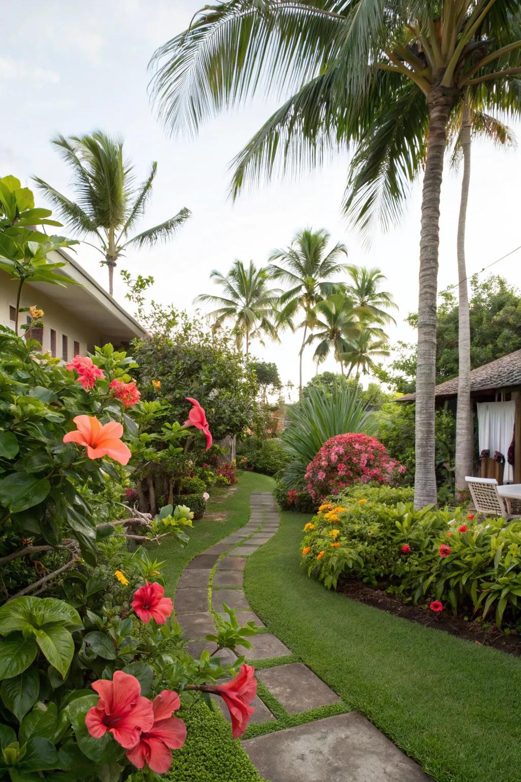 Tropical plants like palms and hibiscus bring an exotic feel to your landscape.