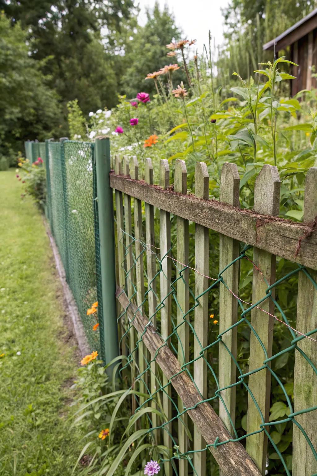 Wooden slats transform a basic chain link fence into a rustic garden feature.