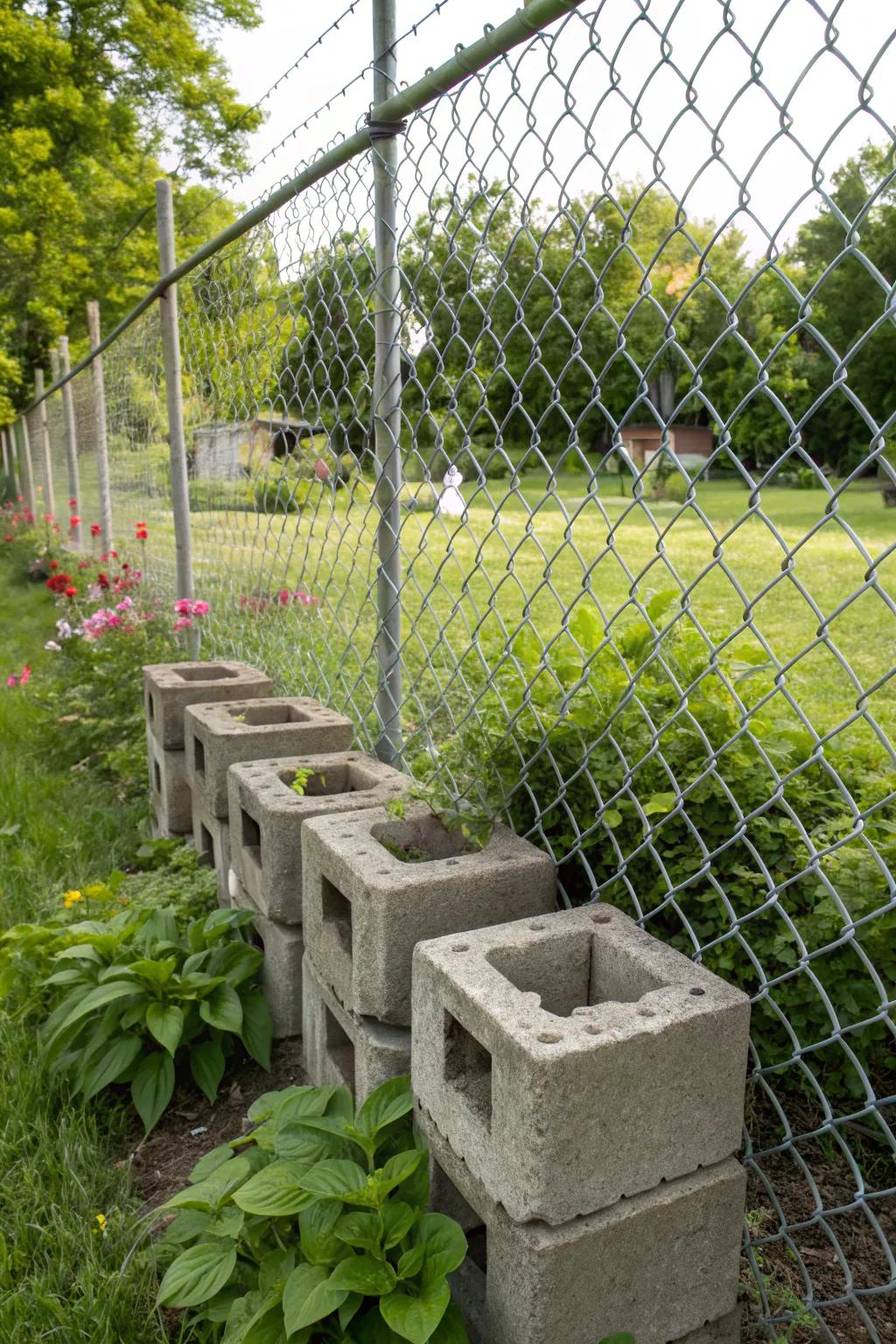 Cinder blocks creatively block gaps while adding functionality.