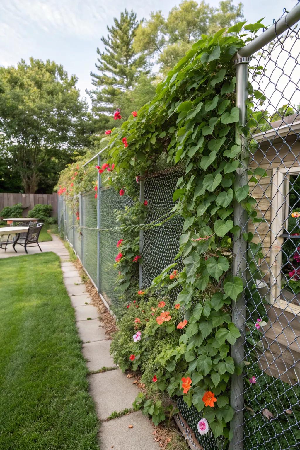 Vertical gardens bring life and color to plain chain link fences.