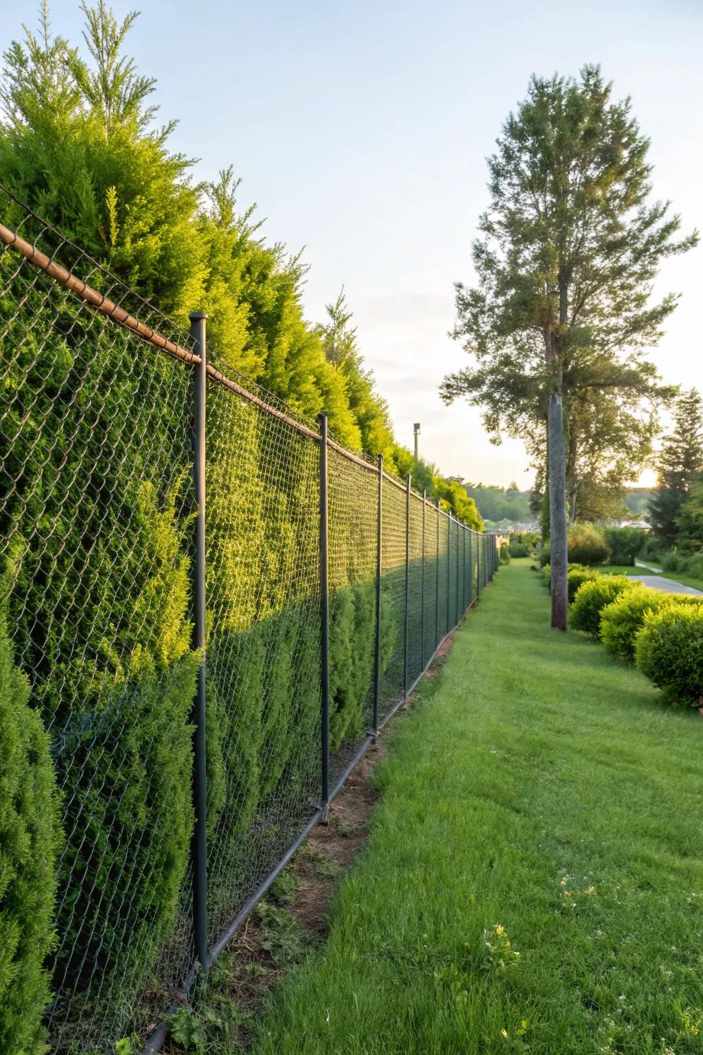Dense greenery along the fence offers privacy and beauty.