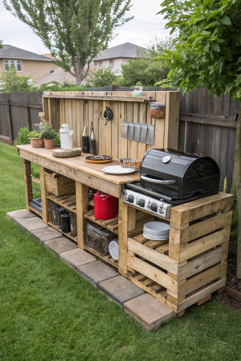 A stylish grill station crafted from repurposed pallets.