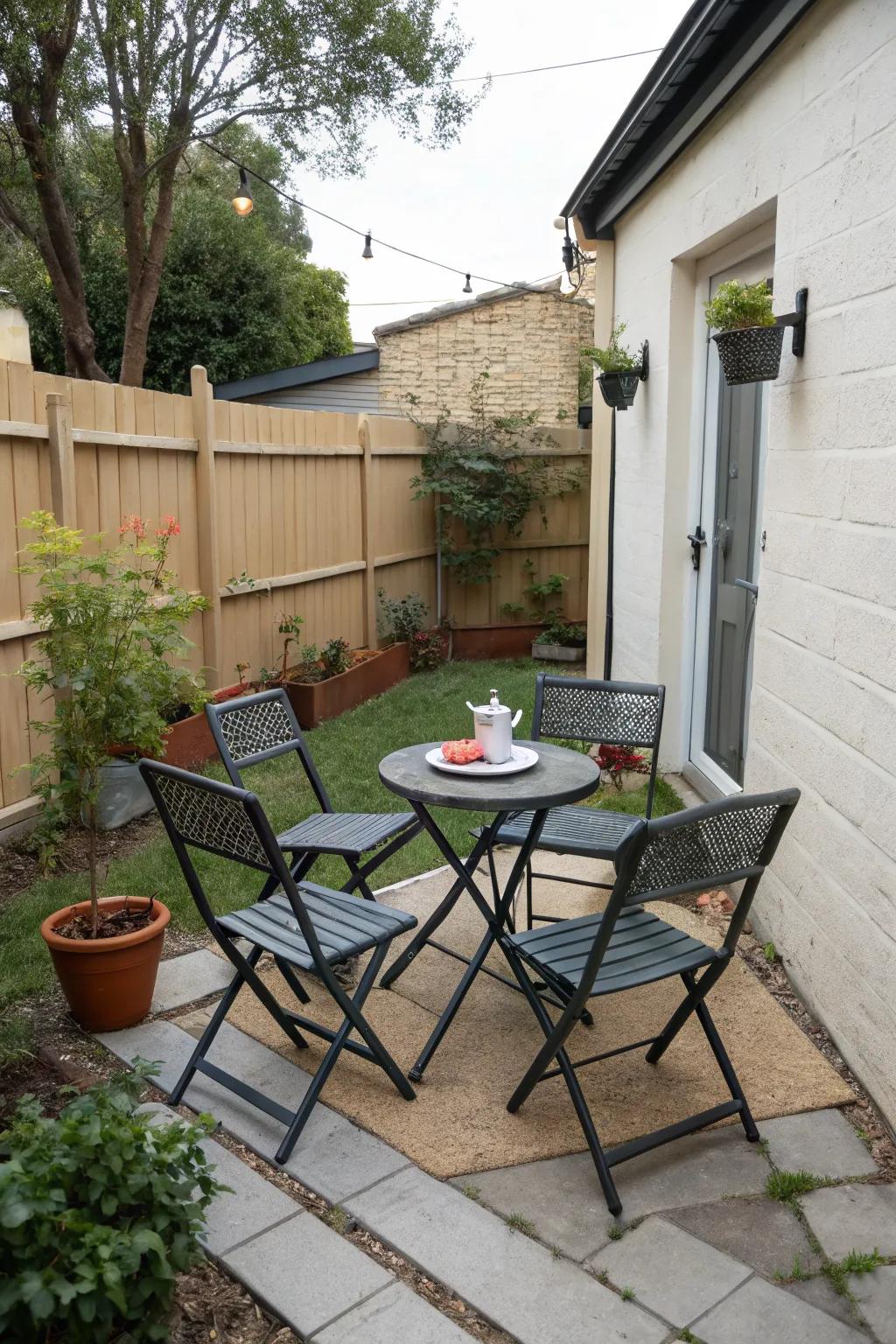 Affordable foldable chairs create a cozy seating area.
