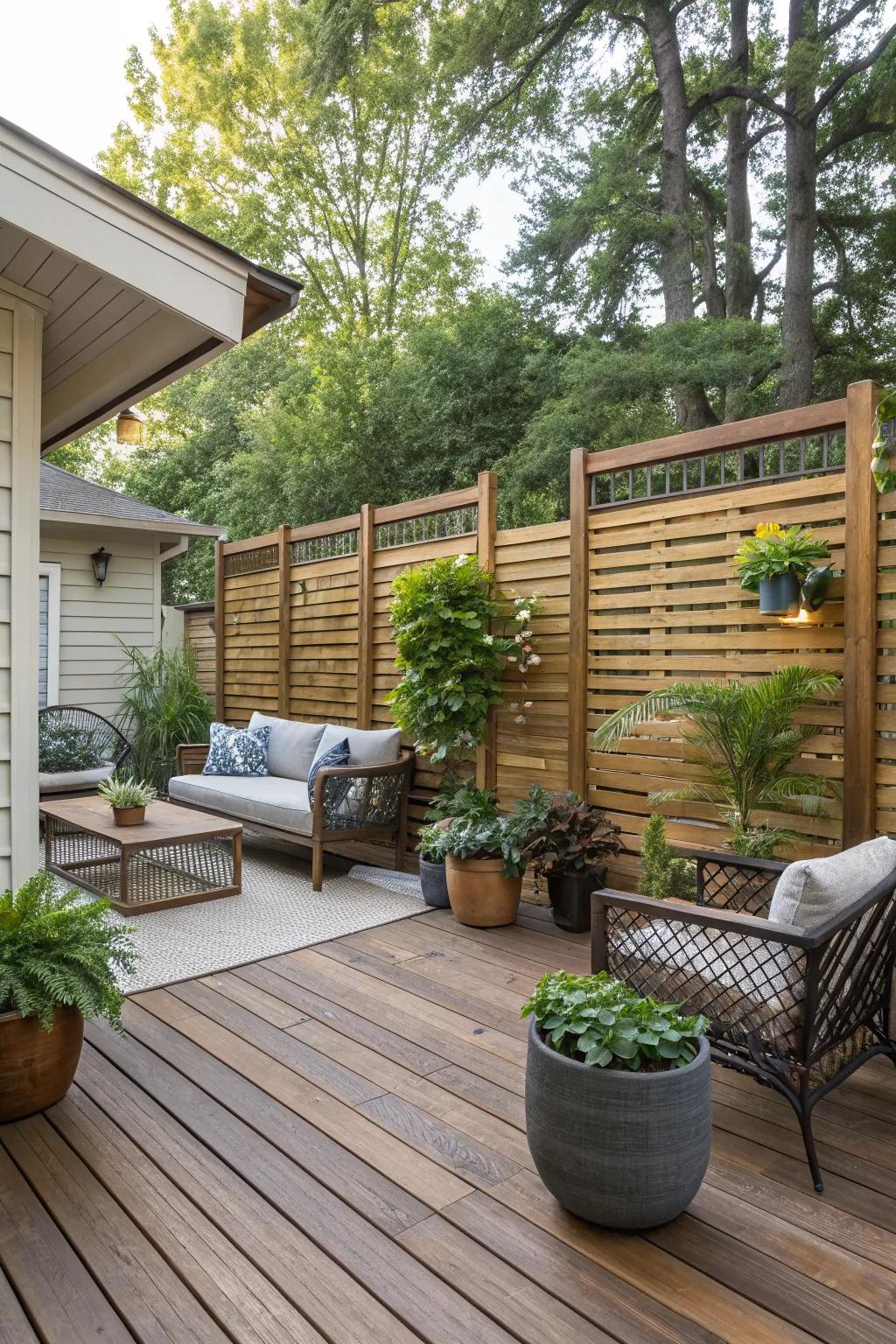 Wooden screens provide privacy and a rustic touch to your deck.