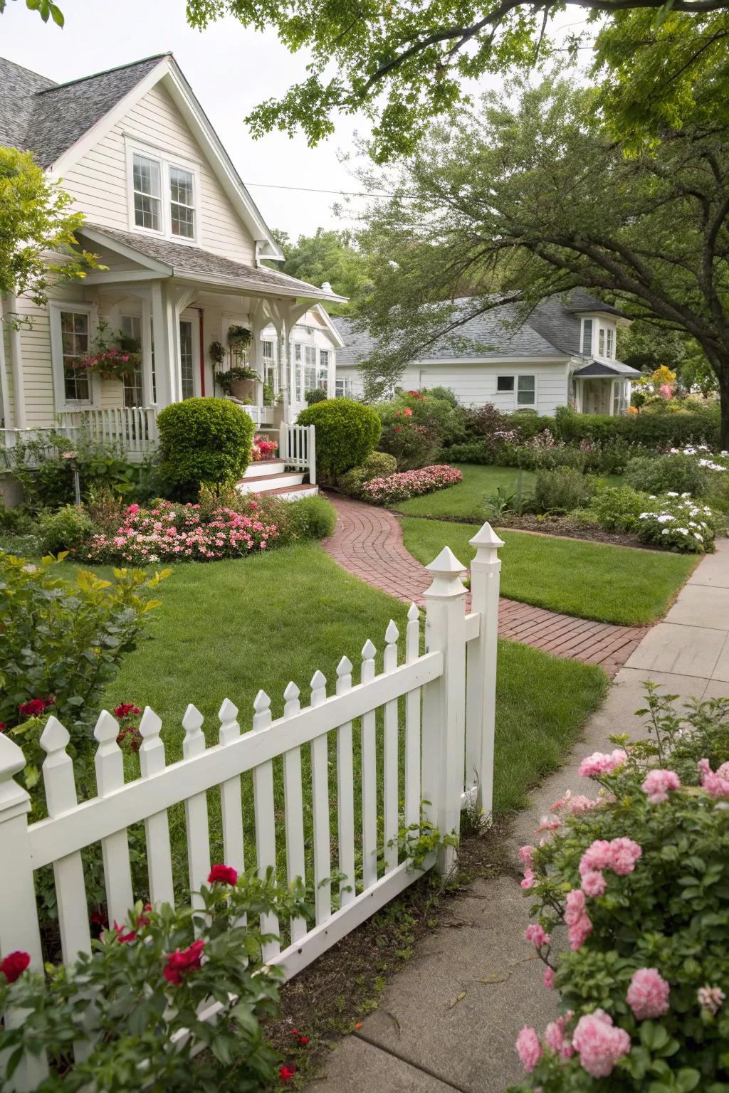 A classic white picket fence brings timeless charm to any home.