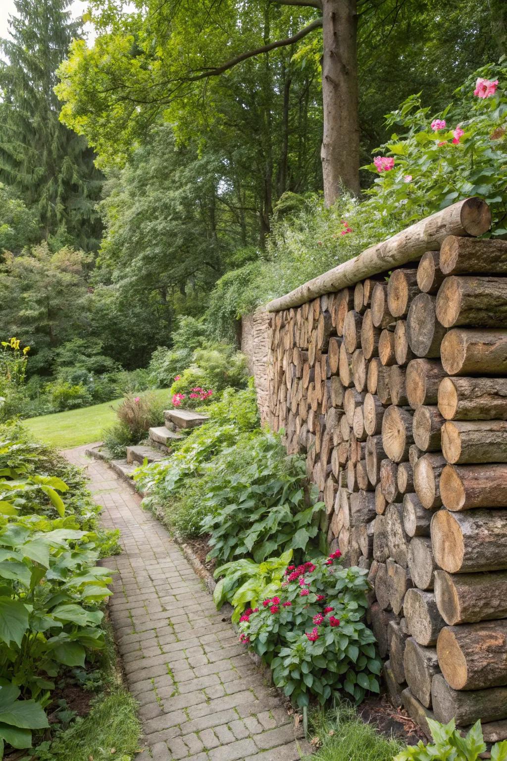 A rustic garden wall made of stacked wooden logs.