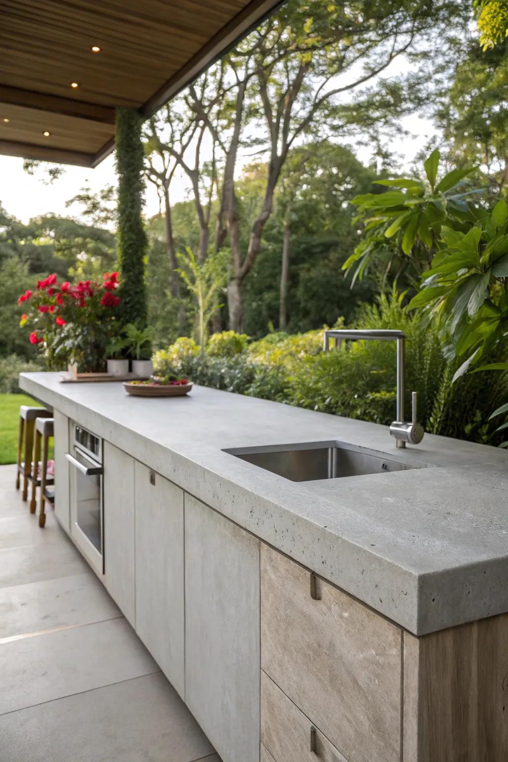 DIY concrete countertops offer a modern and affordable solution for outdoor spaces.