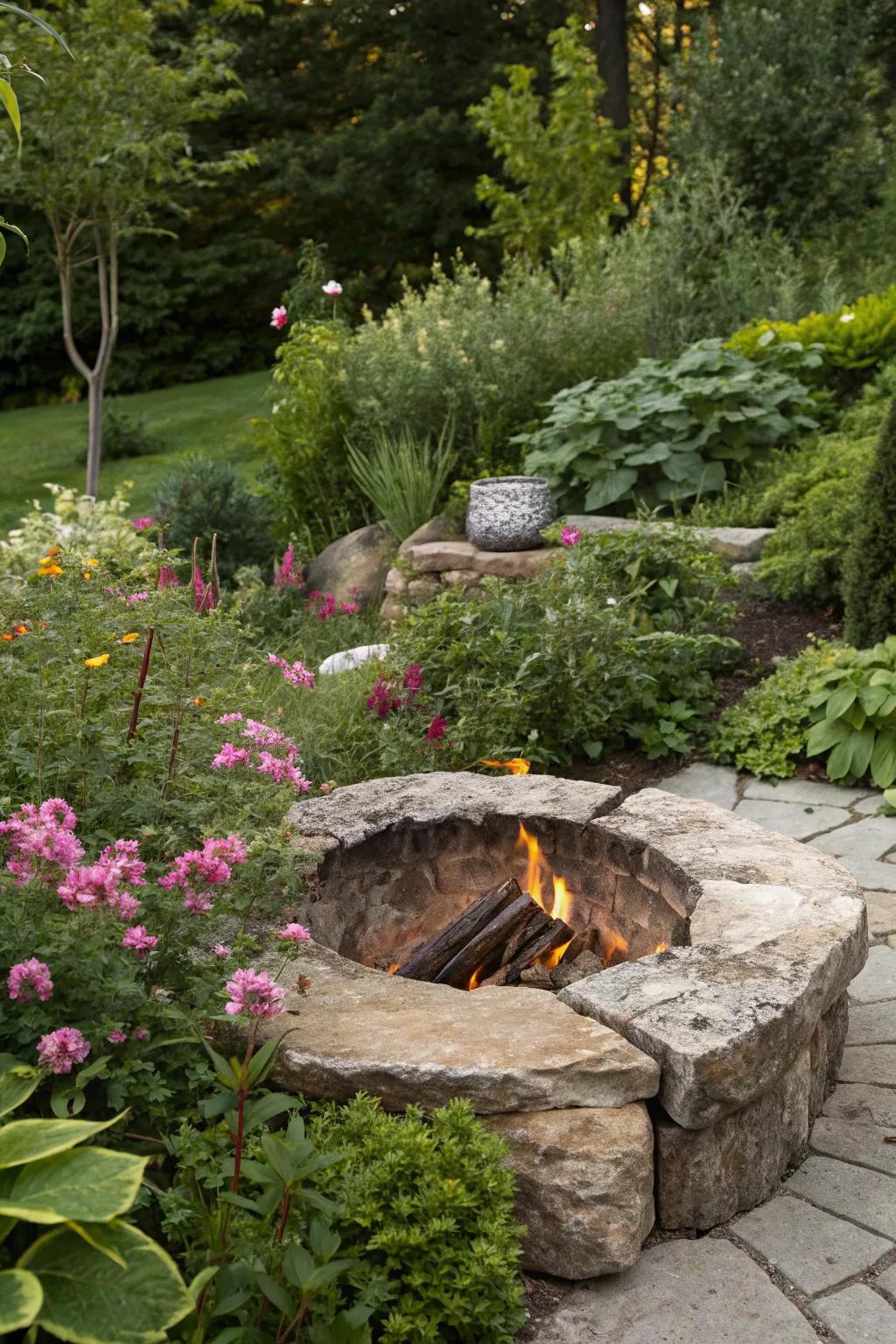 A homemade stone fire pit, perfect for a natural garden setting