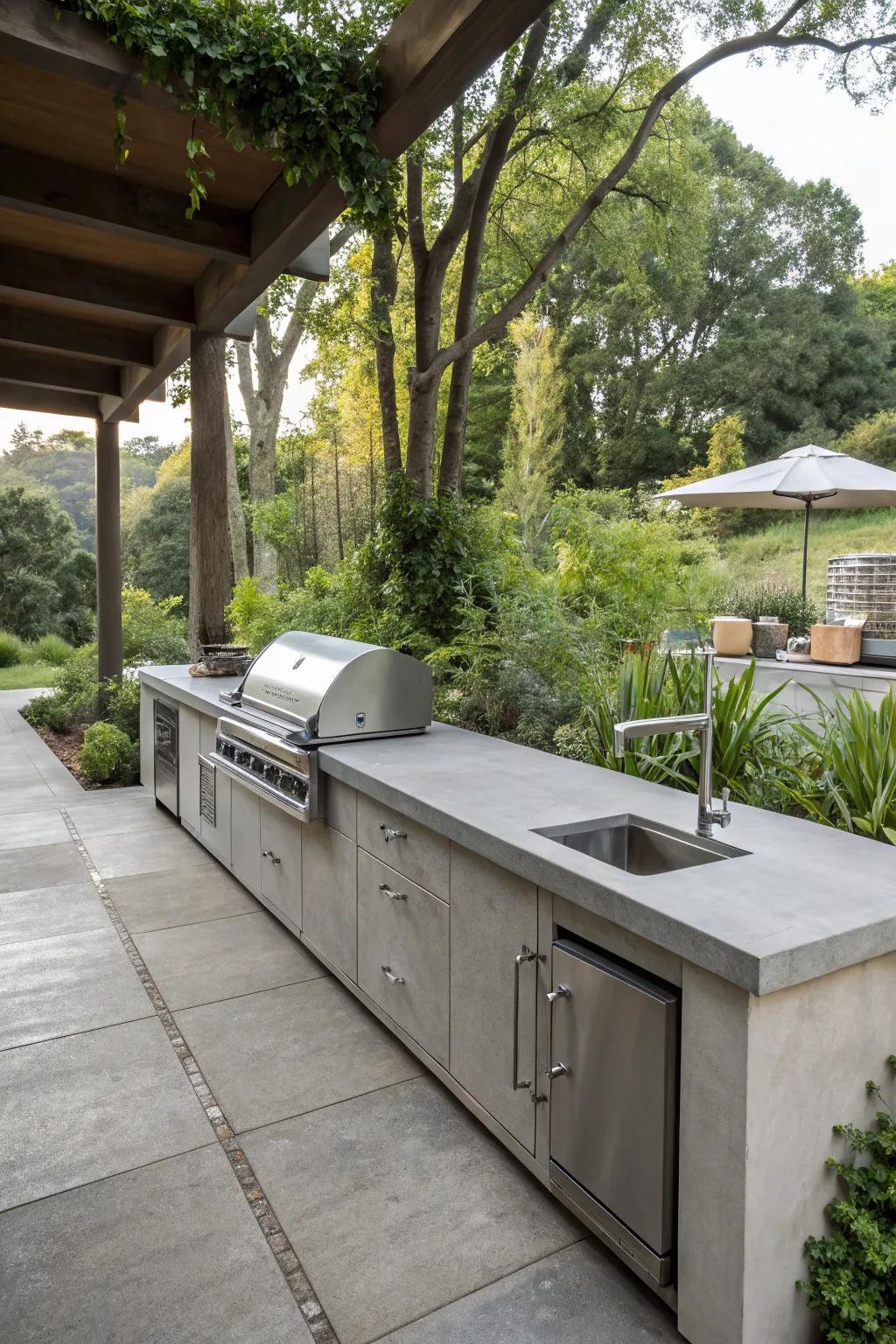 Sleek concrete countertops provide an affordable and stylish outdoor kitchen solution.