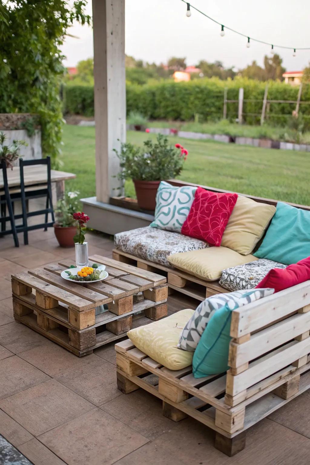 Pallet furniture adds a rustic charm to any patio space.