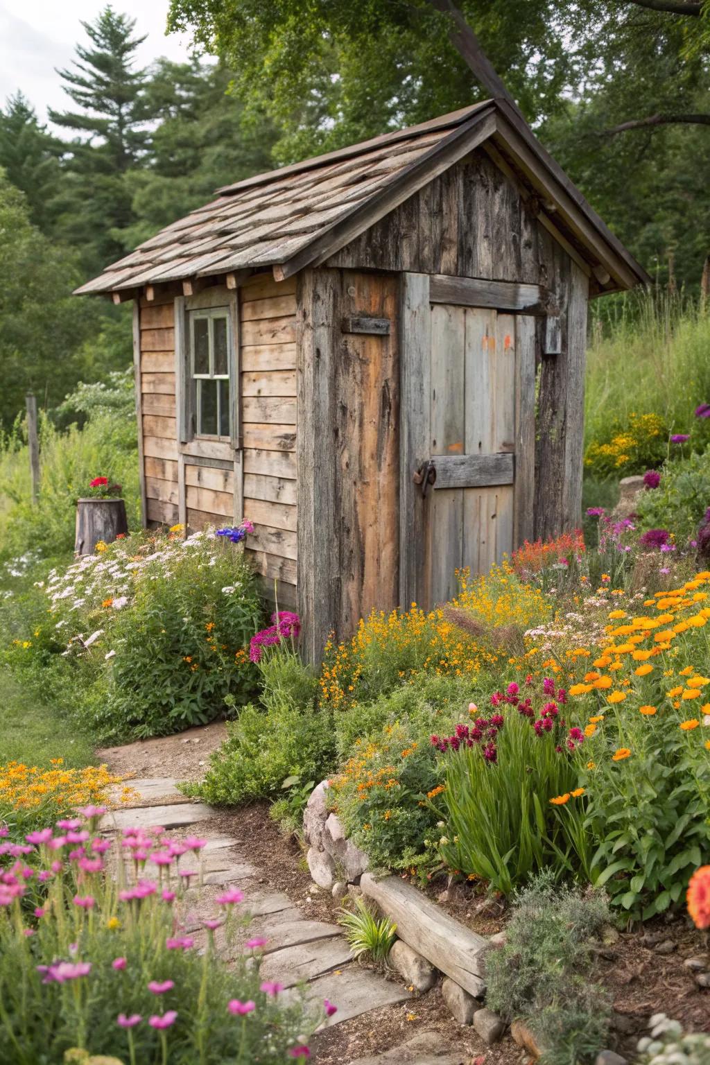 A rustic shed crafted from reclaimed wood adds vintage charm to any garden.