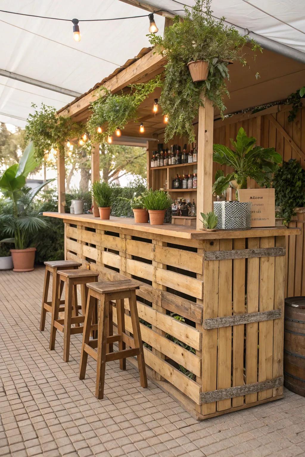 A rustic bar made from repurposed pallets adds character and functionality.