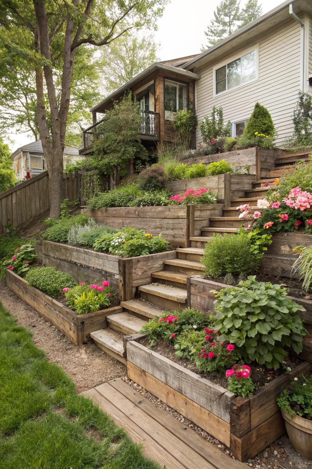 Terraced levels with reclaimed wood offer both charm and sustainability.