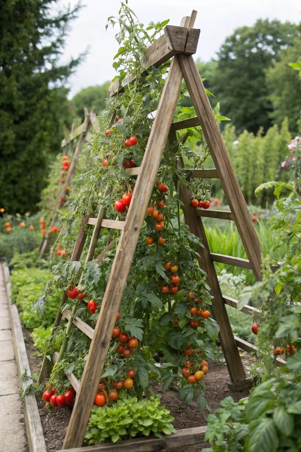 A classic A-frame trellis with cherry tomatoes flourishing in a serene garden.