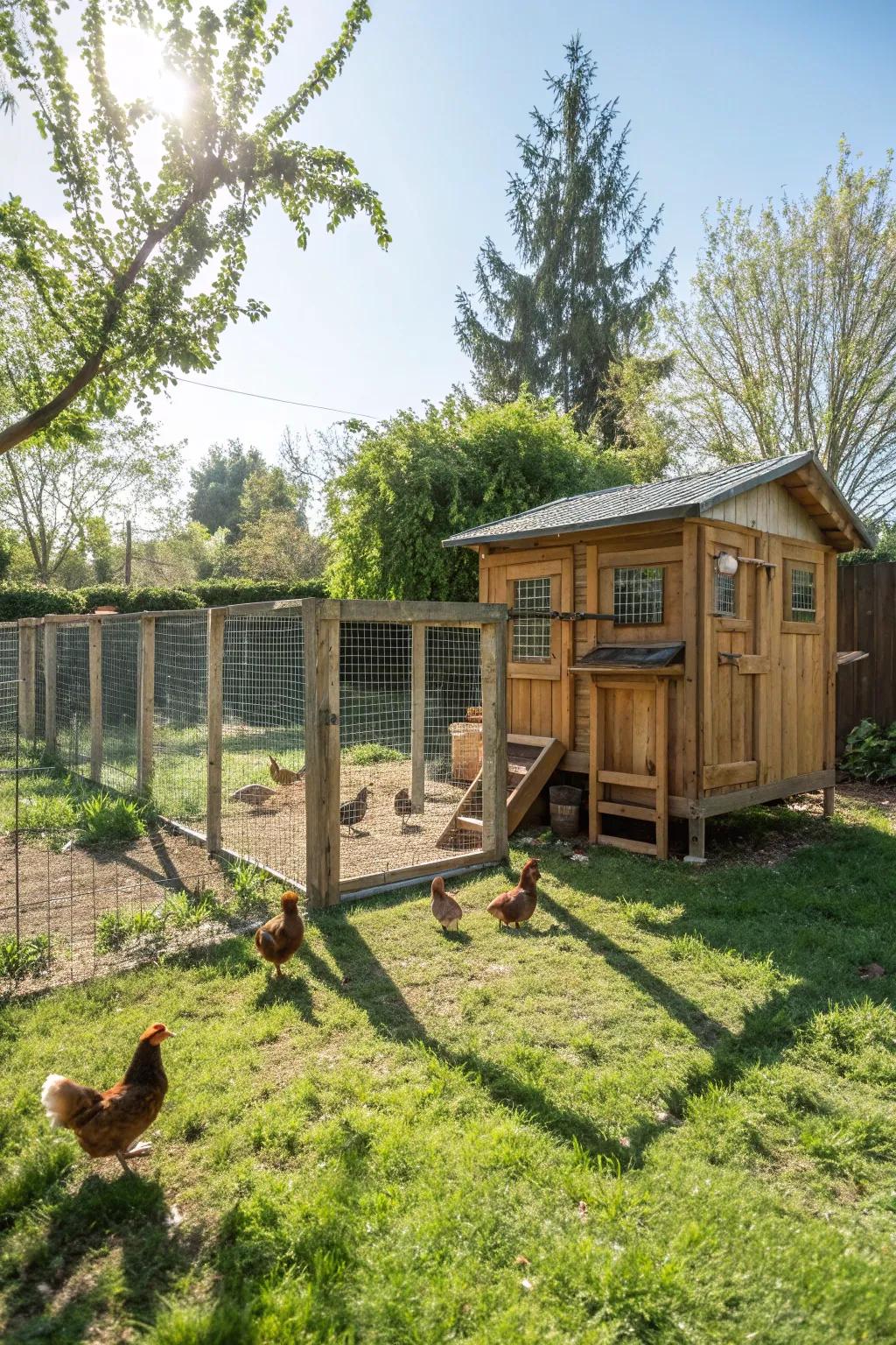 Chickens enjoying their spacious extended run.