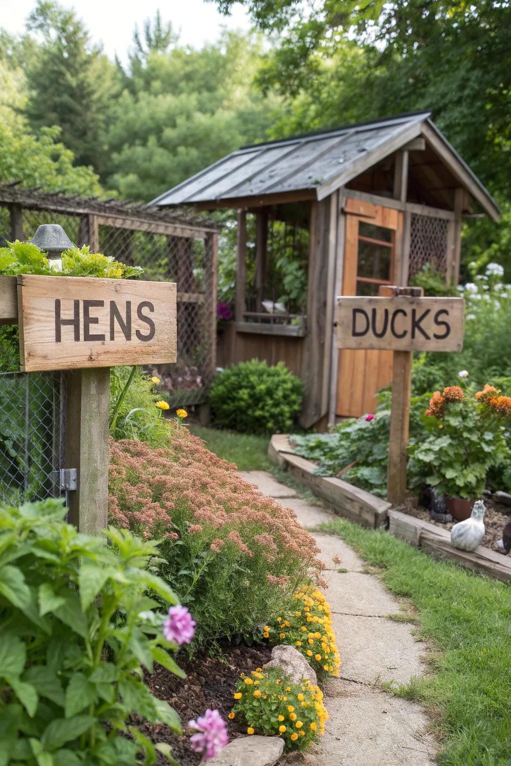 Rustic wooden signs add a farmhouse feel to any chicken coop.