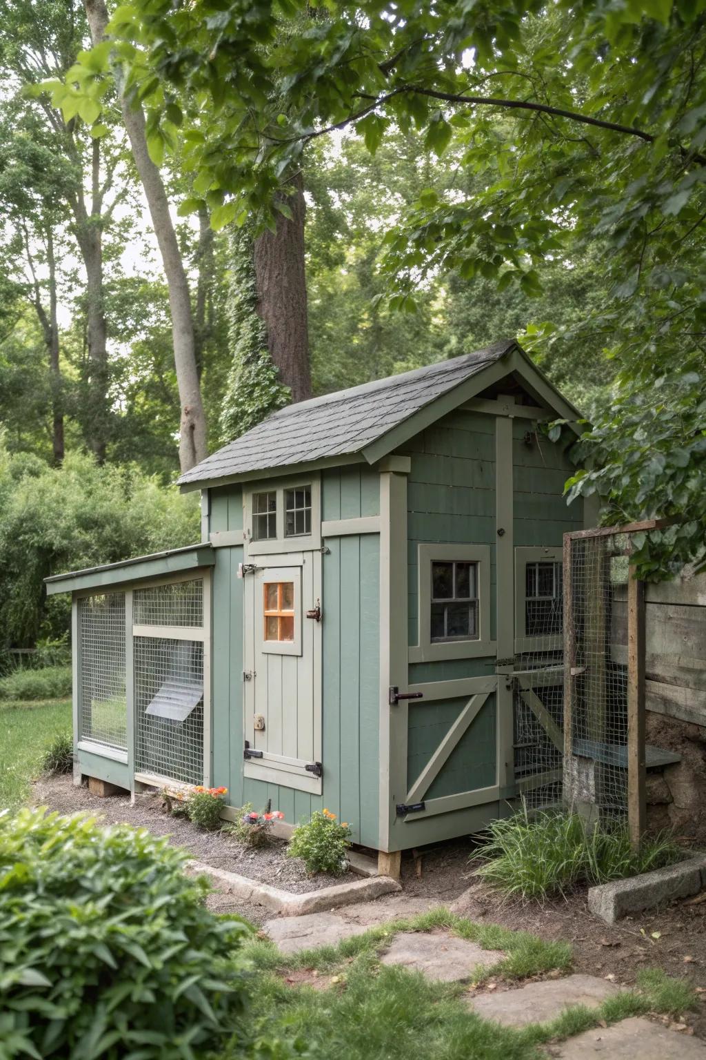 A chicken coop painted in soothing earthy tones, blending with its natural surroundings.