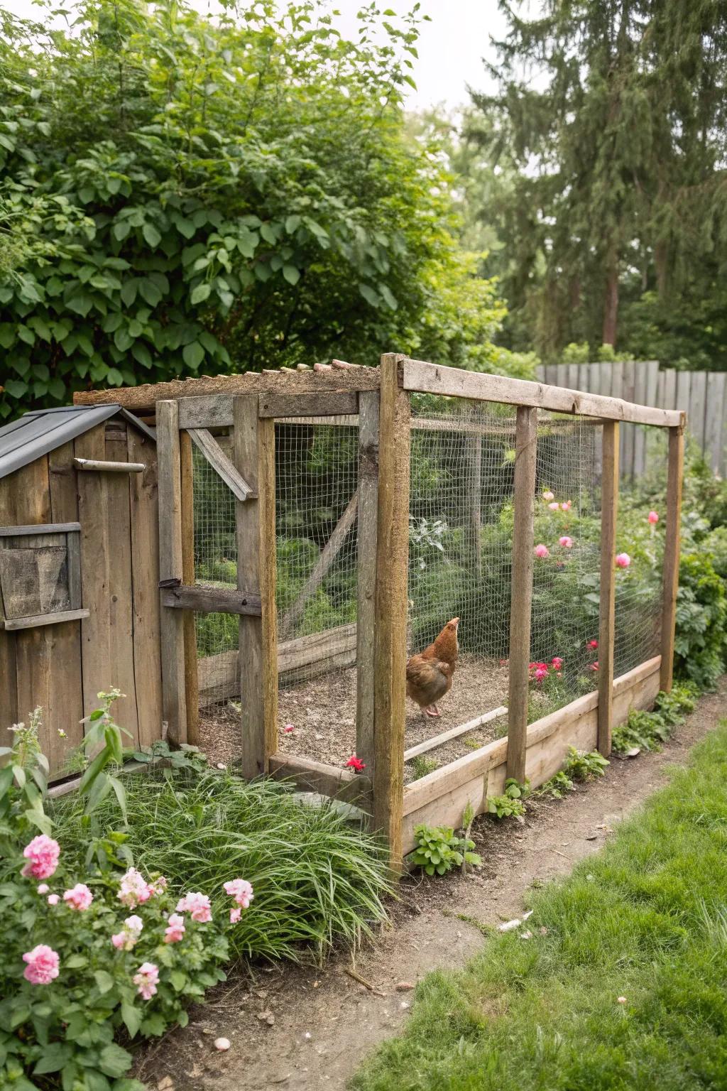 A rustic charm: chicken run with a DIY wooden frame.