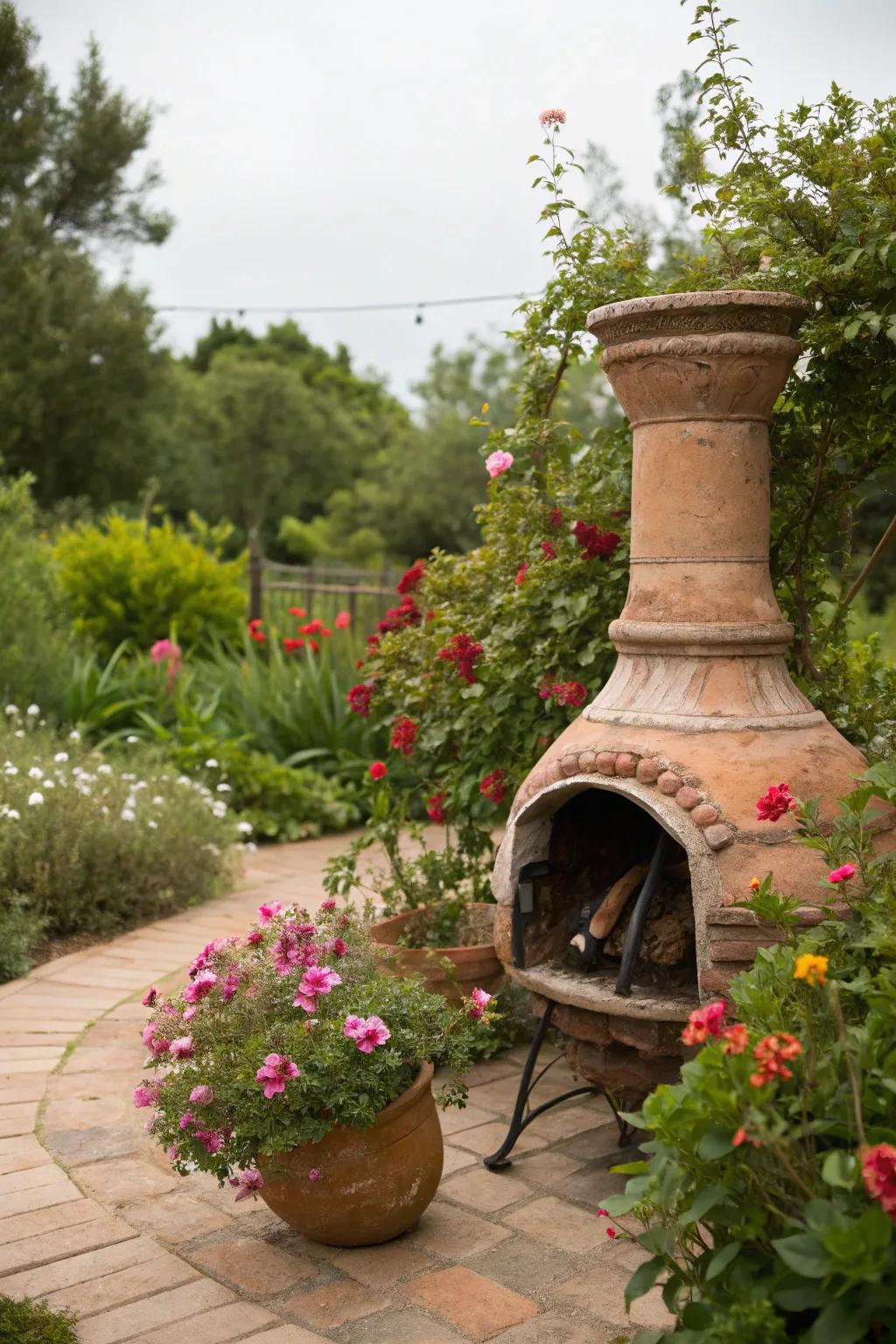 A classic clay chiminea adds rustic charm to any garden.