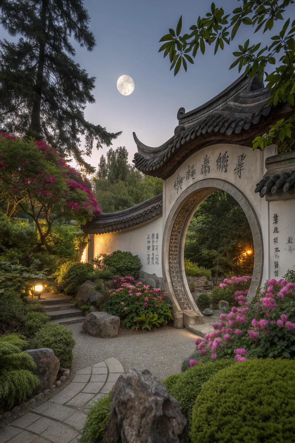 A classic Moon gate offering a peek into a verdant sanctuary.