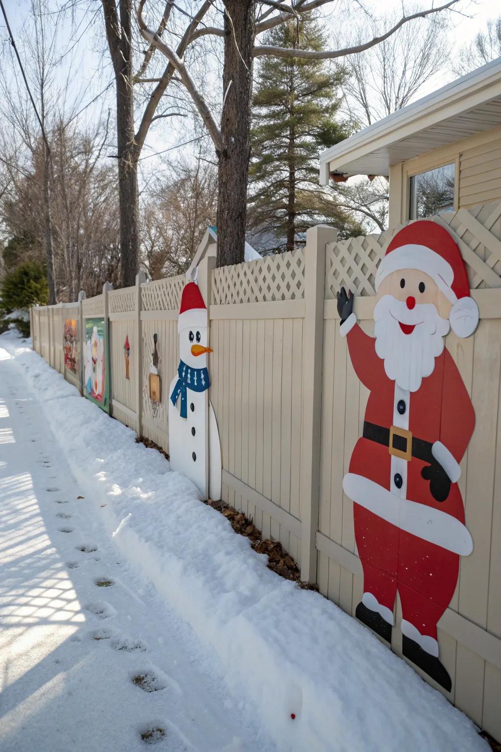 Santa Claus and snowmen cutouts bring playful charm to this festive fence.