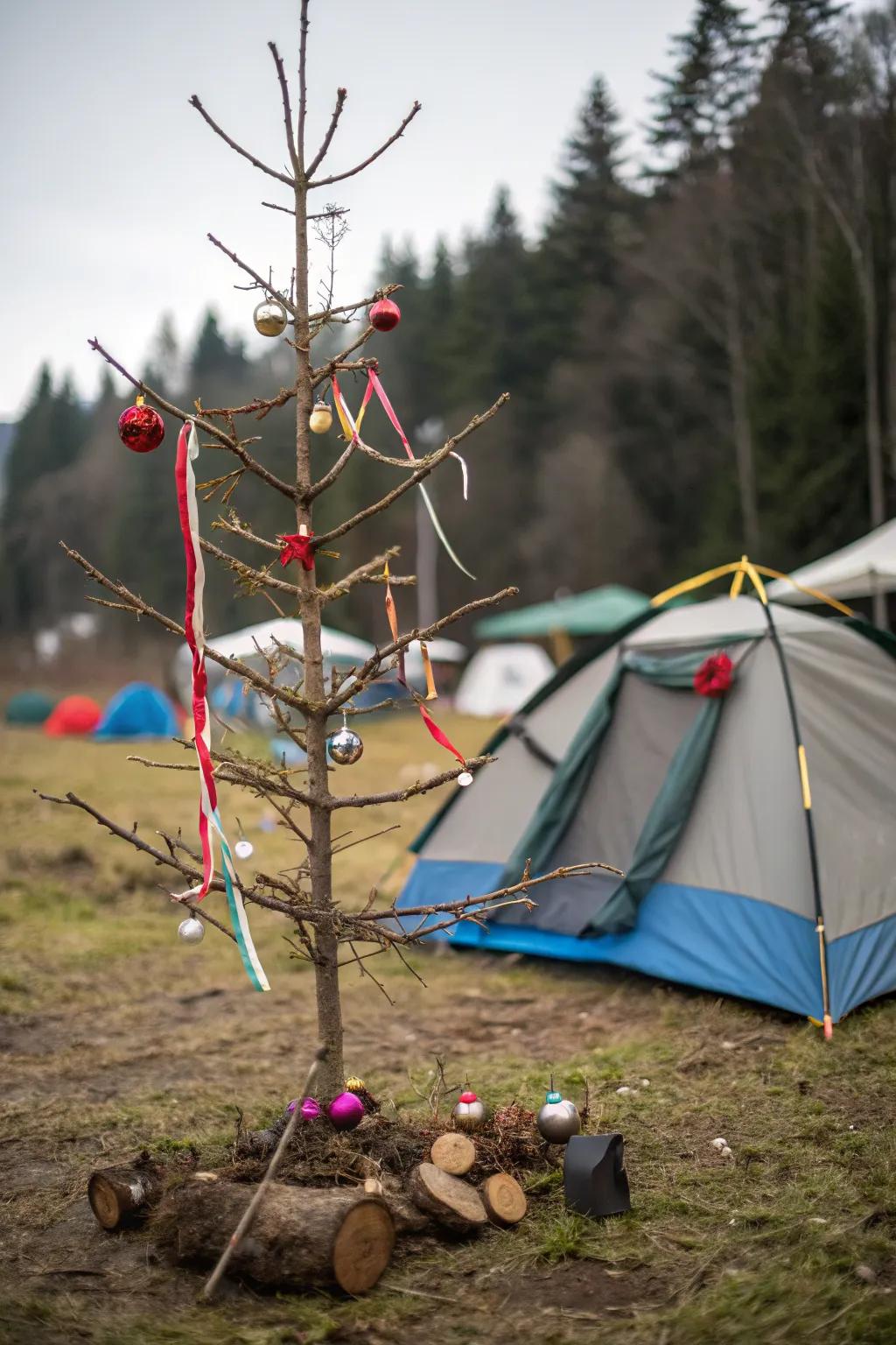 A charming makeshift Christmas tree brings holiday spirit to any campsite.
