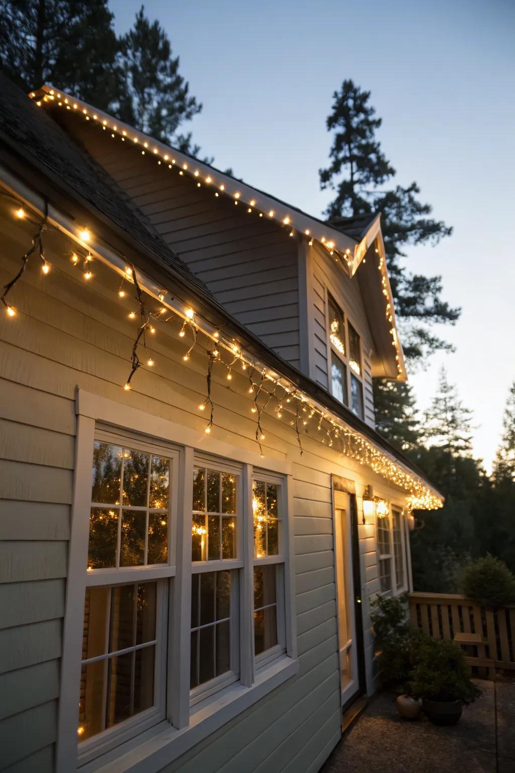 A house beautifully outlined with warm string lights, creating a welcoming holiday ambiance.