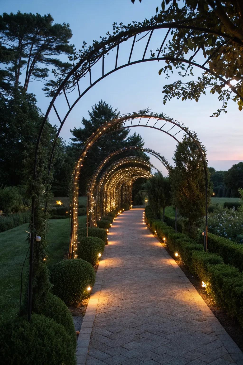 A magical garden path lined with arching lights.