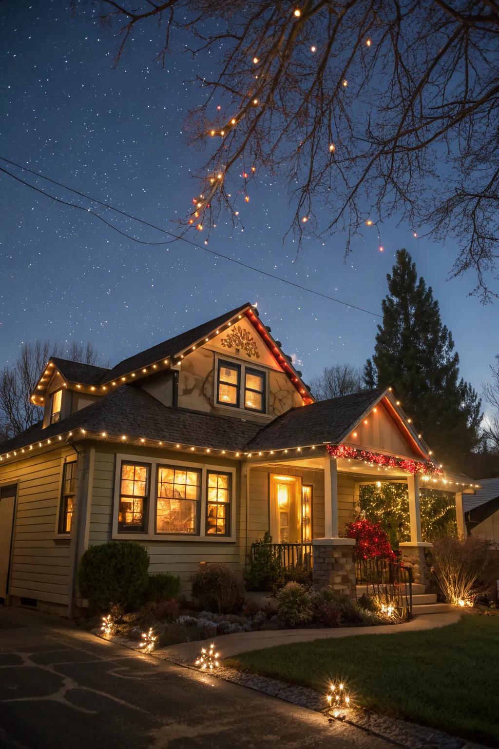 Classic roofline glow with C7 and C9 bulbs creating a warm, inviting holiday atmosphere.