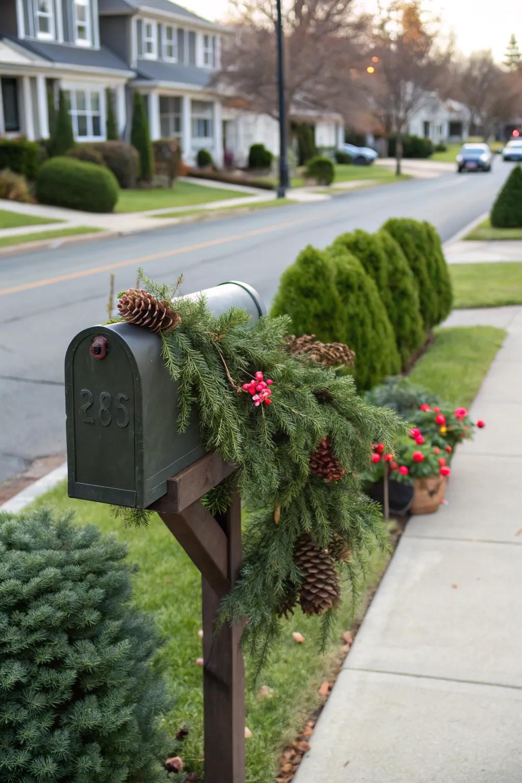 Evergreen branches add a touch of natural elegance to your holiday mailbox.