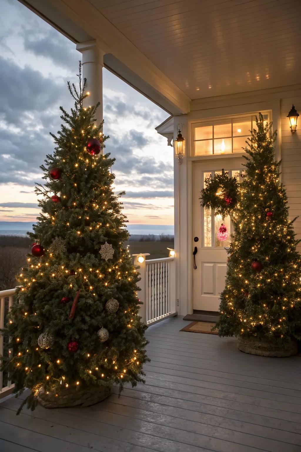 Symmetrical Christmas trees create a welcoming and balanced entrance.