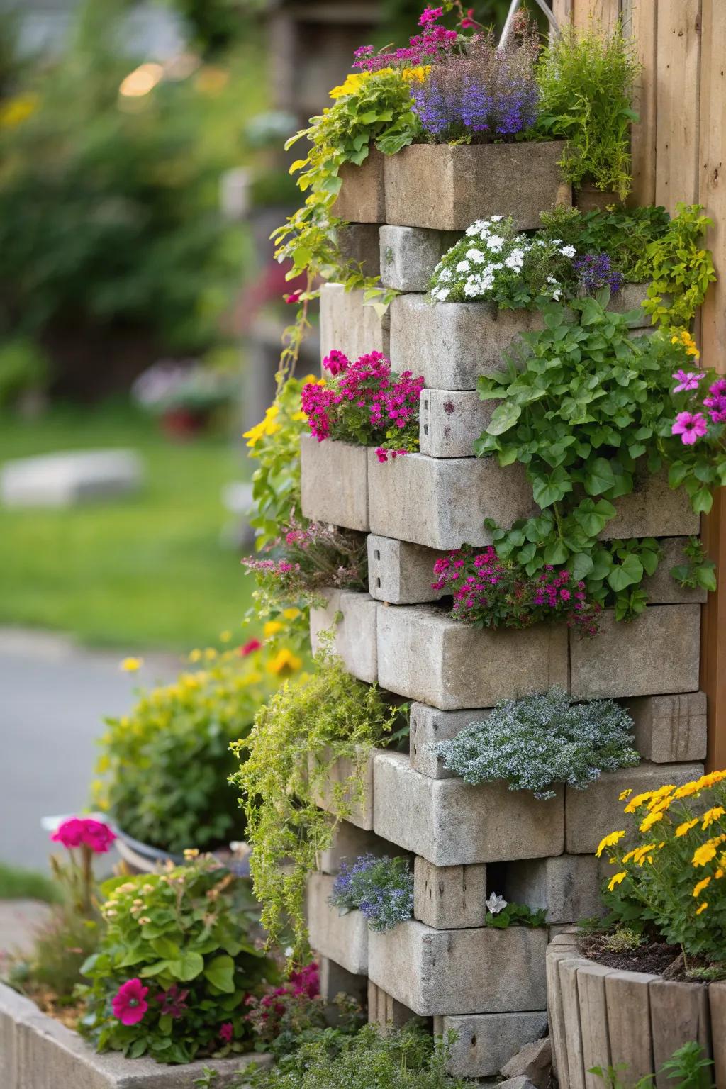 Vertical planting towers crafted from cinder blocks bring life to any corner.