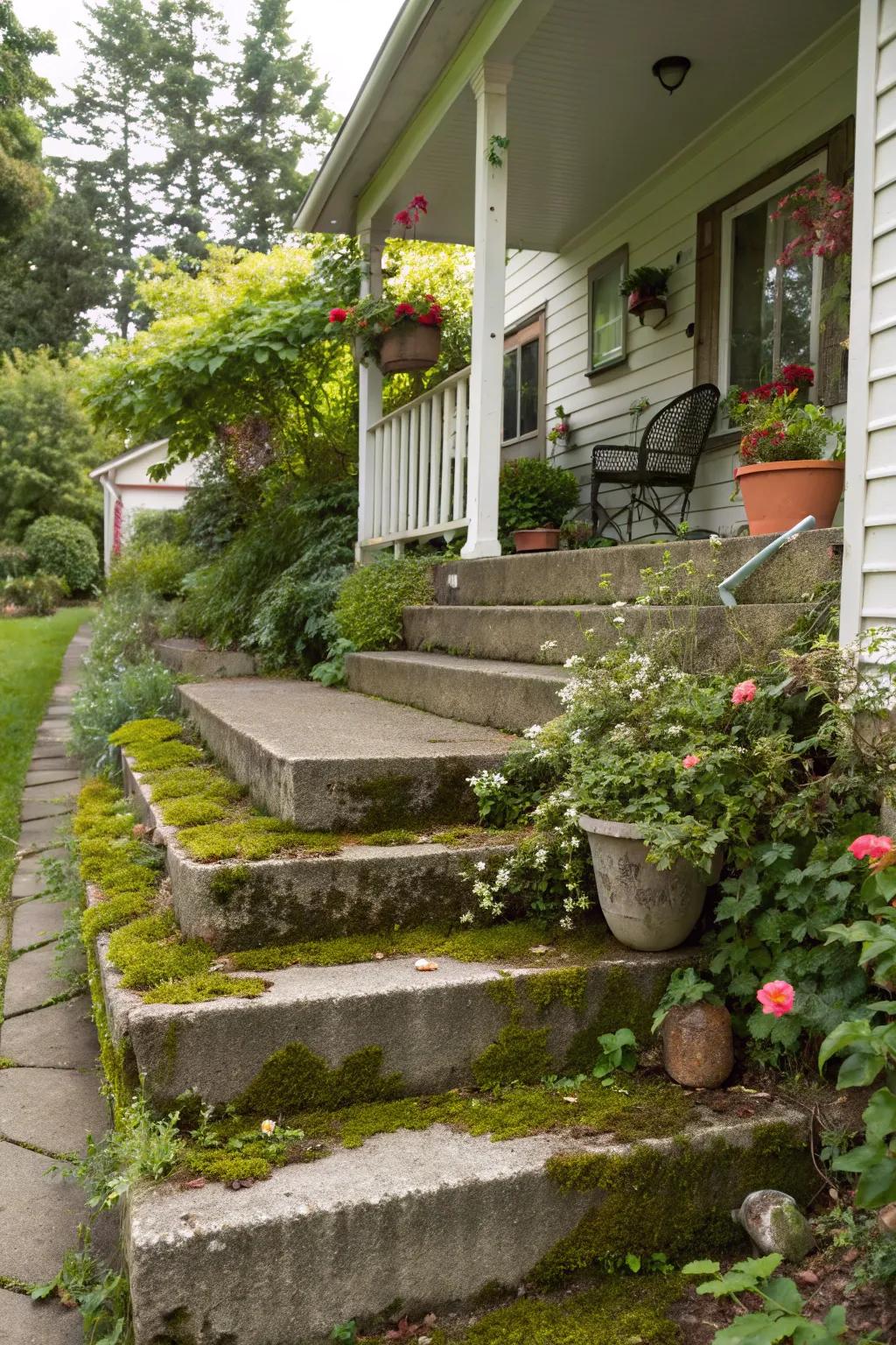 Elegant and sturdy cinder block stairs with a touch of greenery.