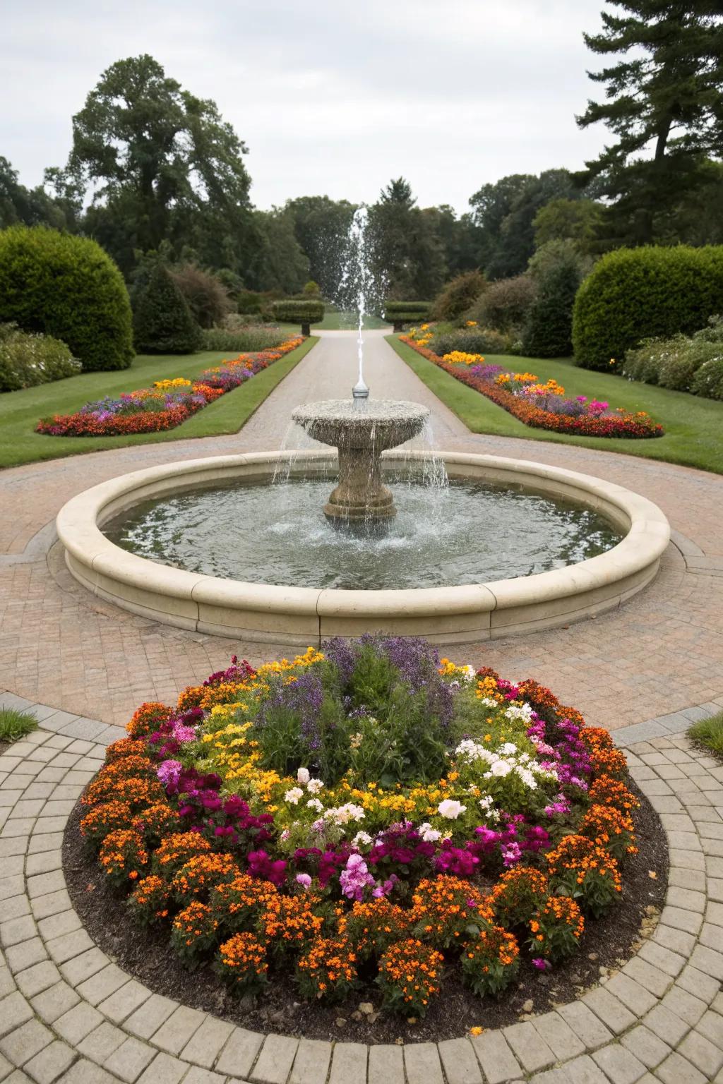A circle flower bed with a tranquil fountain centerpiece.