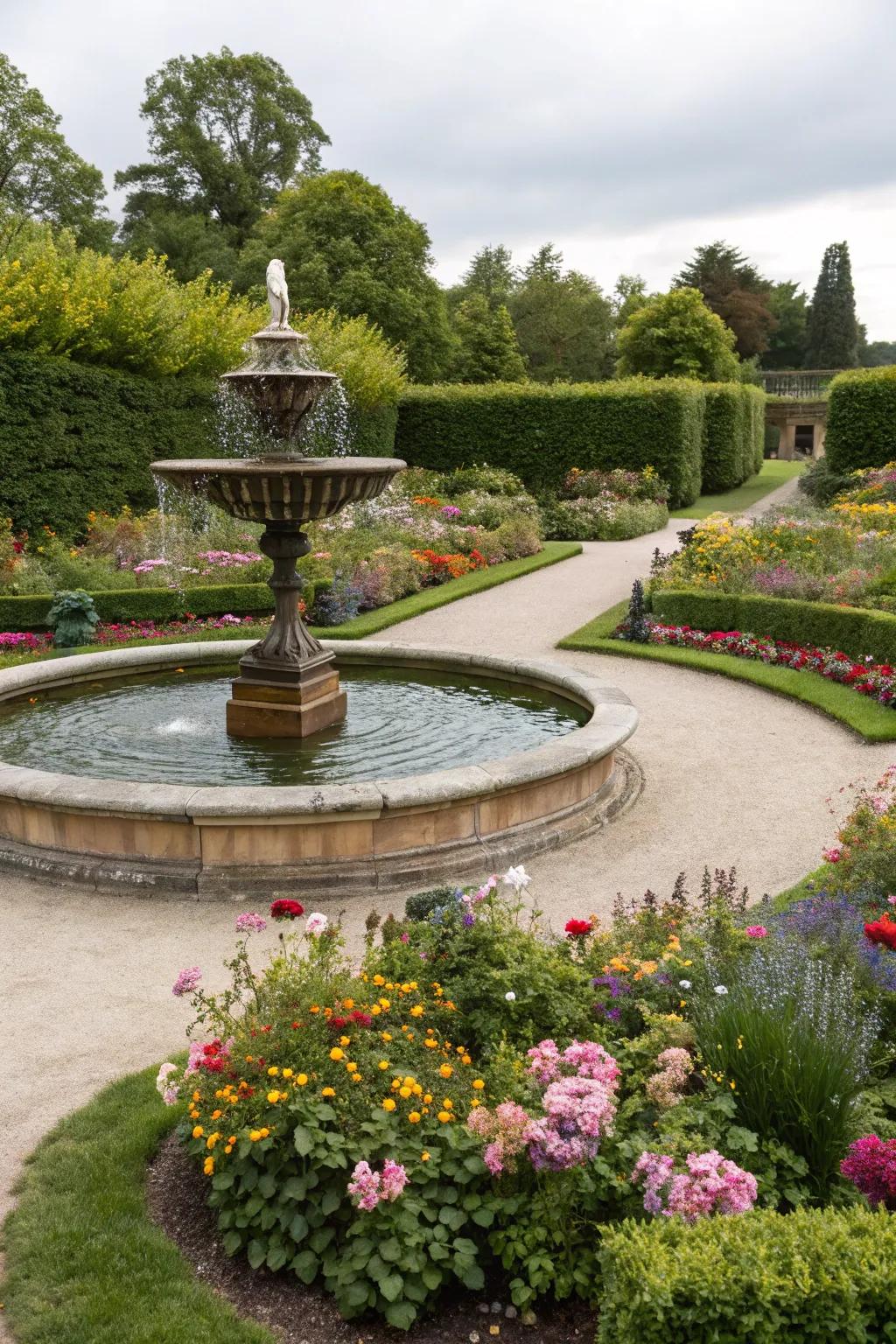 A peaceful circular garden with a central fountain as the focal point.