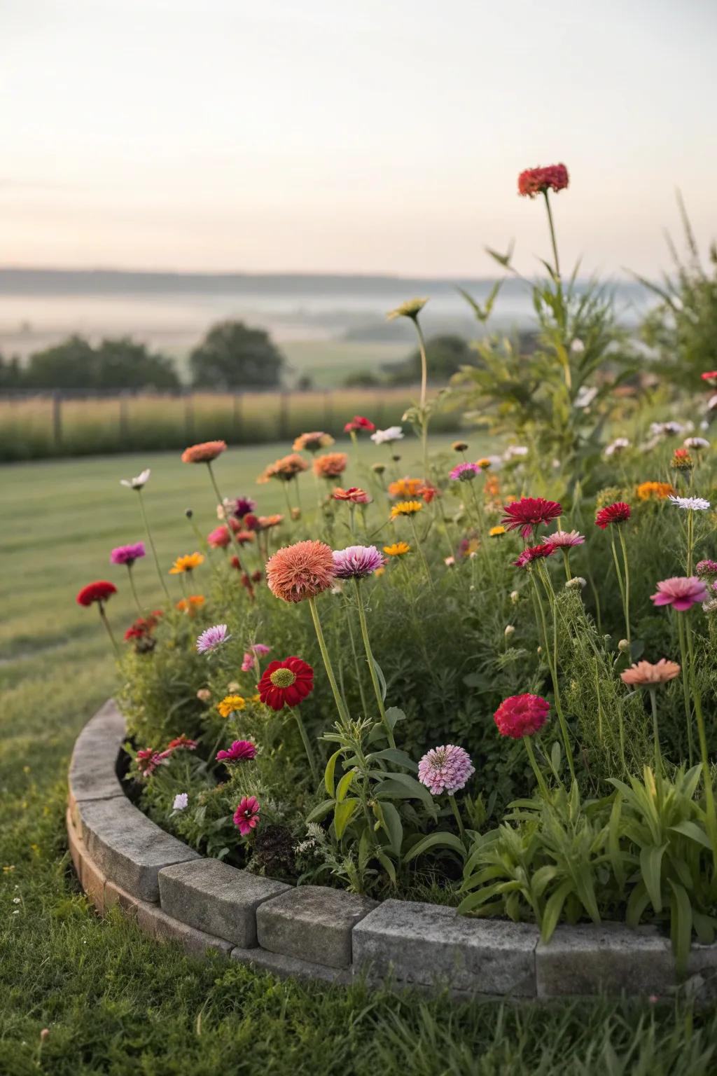 A vibrant circular flower bed with a mix of colorful blooms.