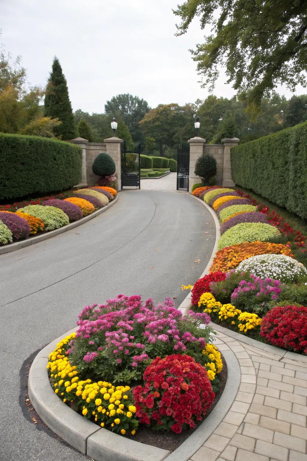 Symmetrical floral arrangements adding vibrant color to the driveway.