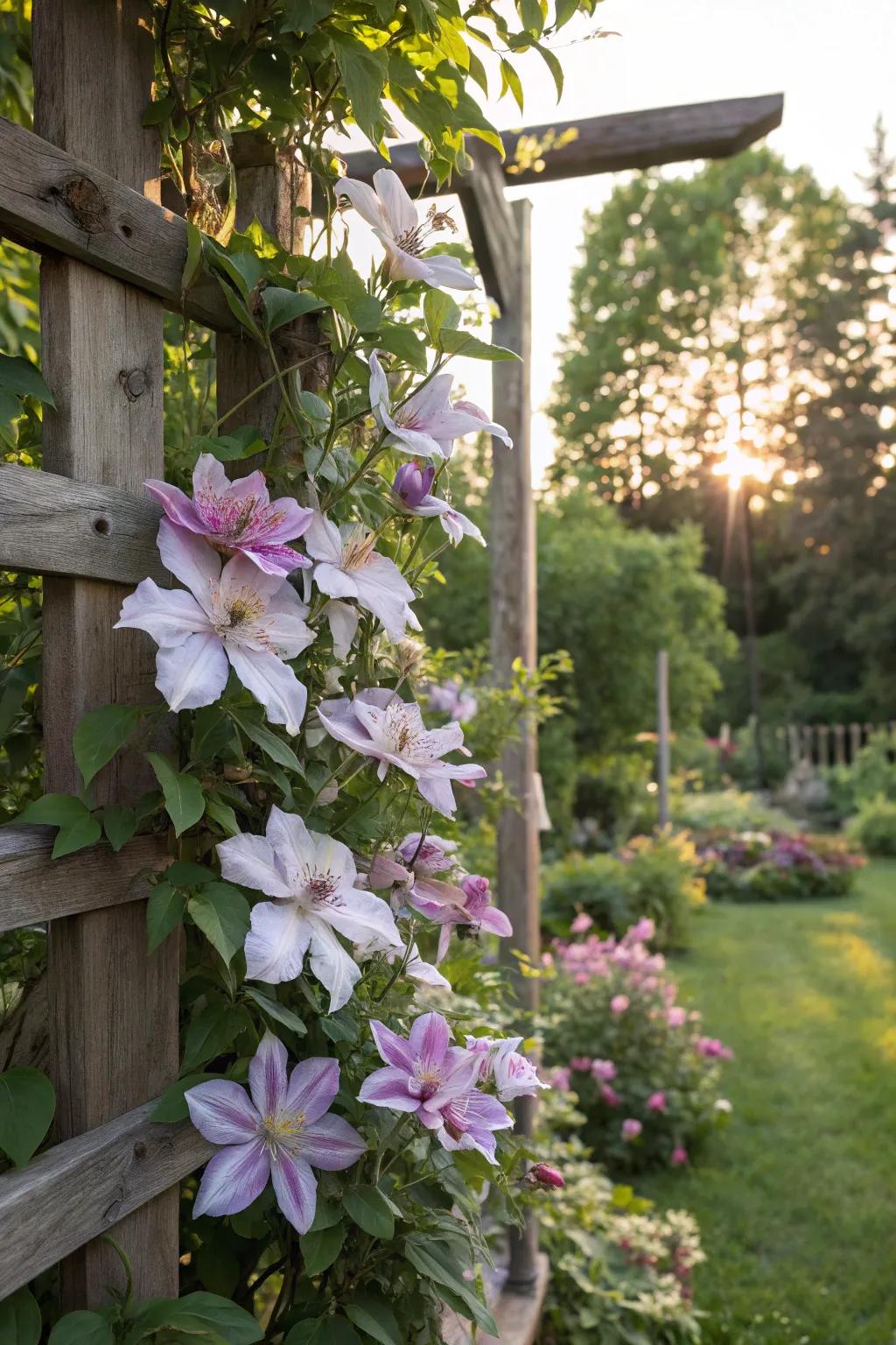 Clematis blooms beautifully climbing a wooden trellis.
