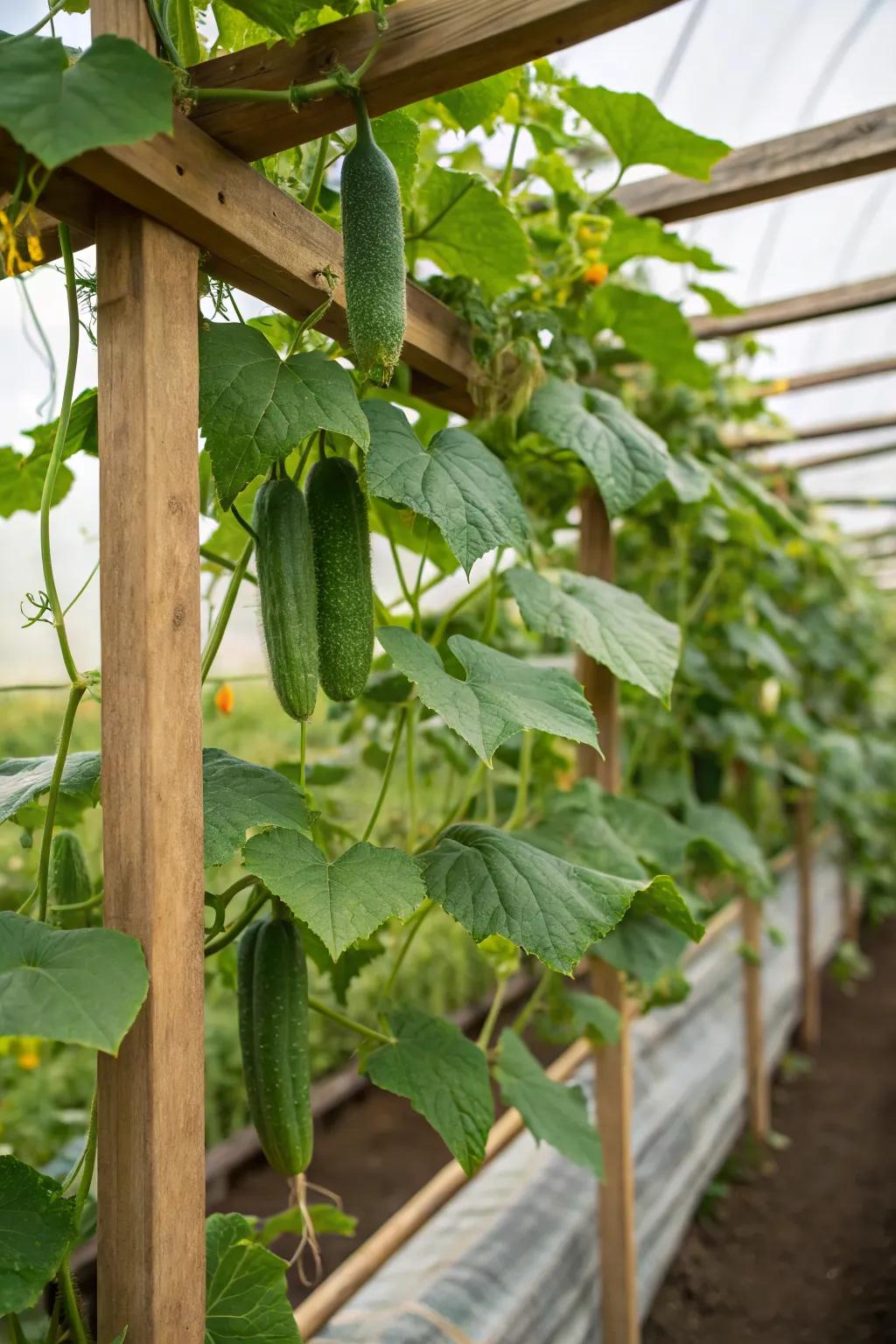 A rustic wooden frame trellis with lush cucumber growth.